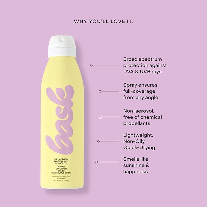 Bask Suncare SPF 50 Sunscreen Spray - Non-Aerosol, Broad Spectrum UVA/UVB Protection, Dermatologist Recommended, Moisturizing, Lightweight & Non-Greasy, 5.5 oz