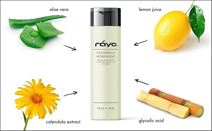 RAYA Calendula Astringent with AHA 8 oz (G-206) | Glycolic Facial Toner for Combo and Partially Oily Skin Prone to Break-Outs | Helps Normalize pH and Fight Bacteria | Made with Alpha Hydroxy Acids