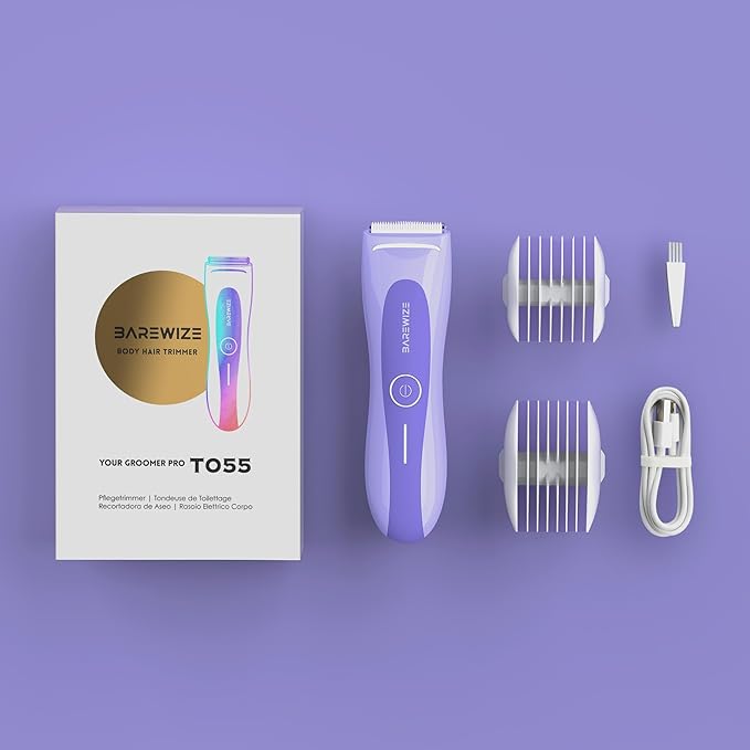 BAREWlZE Bikini Trimmer for Women, Pubic Hair Trimmer | LED Light, IPX7 Waterproof, USB-C Rechargeable, Replaceable Ceramic Blade | Electric Razors for Women, Electric Body Hair Shaver (Violet Haze)