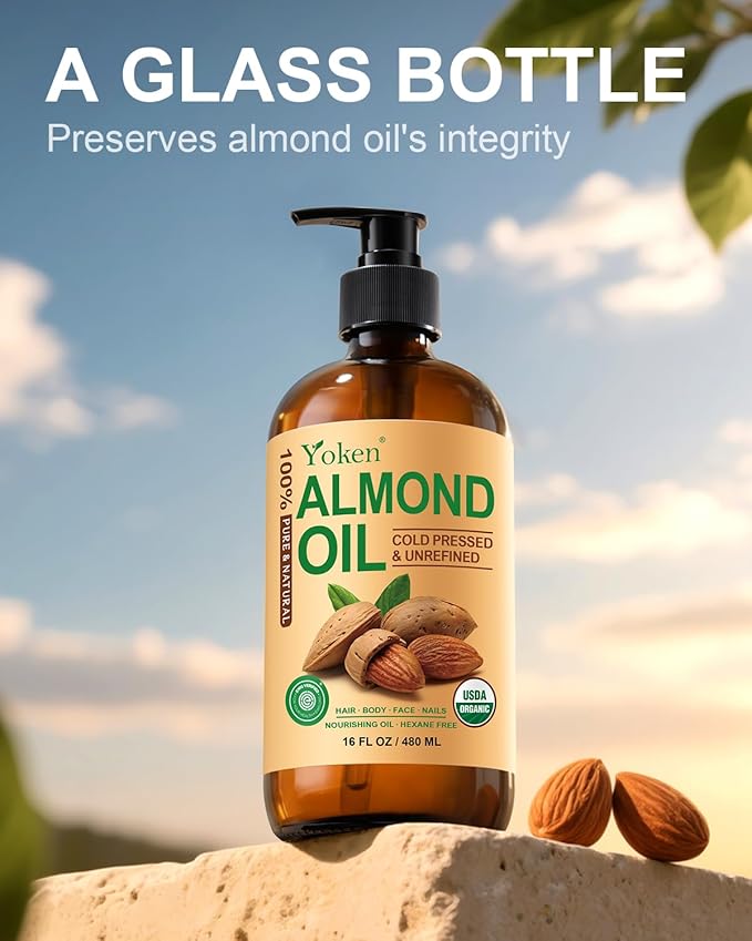 Organic Almond Oil 16 fl oz, USDA 100% Pure Cold Pressed Almond Oils in Glass Bottle, Natural Moisturizer for Face, Hair & Body, Ideal Carrier Oil for Skin Care, DIY Beauty & Soothing Massage