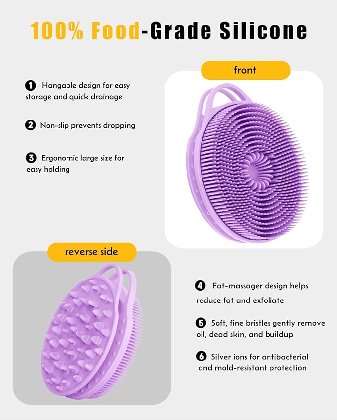 2 in 1 Silicone Body Scrubber, Anti Cellulite Massage Scrubber, Exfoliating Shower Brush for Men & Women, Removes Dead Skin, Reduces Cellulite, Improves Circulation, Fast Dry, Non Slip (1PC, Lavender)