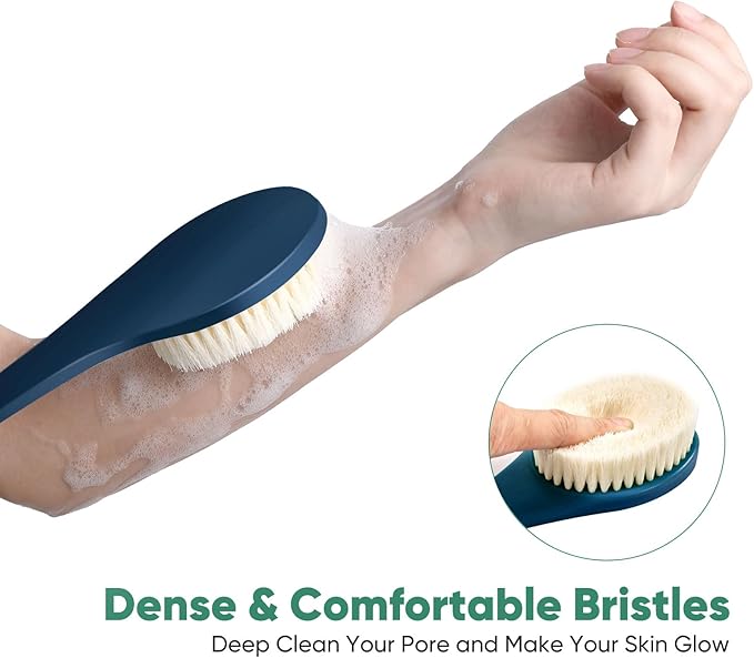 Back Scrubber for Shower, 17-Inch Shower Brush for Men and Women, Long Handle Exfoliating Body Brush, Medium Bristle Stiffness for Dry or Wet Brushing (Navy Blue)