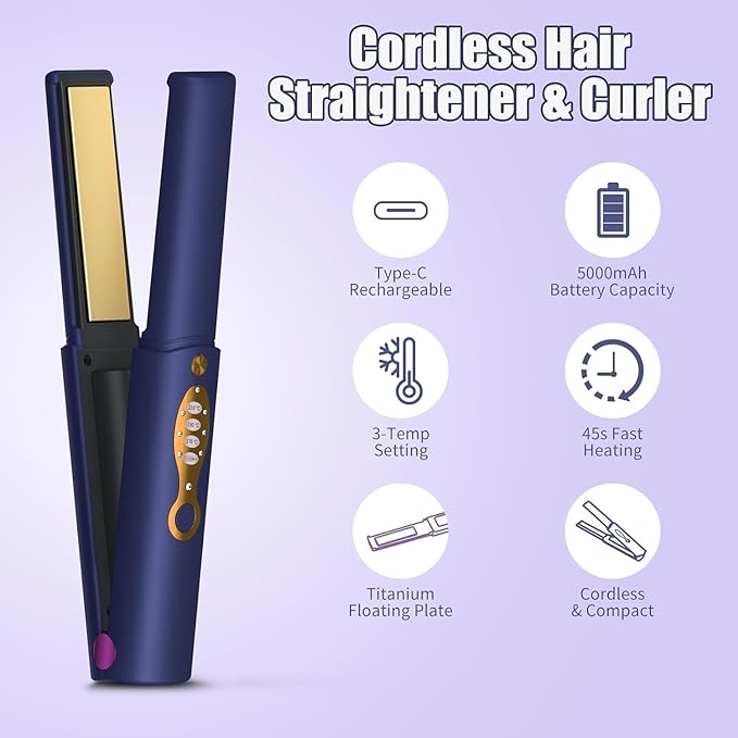 OBEST Cordless Hair Straighteners Curler 2 in 1, Rechargeable Portable Titanium Hair Straightener, 3 Adjustable Temperatures, Quick Heating, 5000mAh Type-C