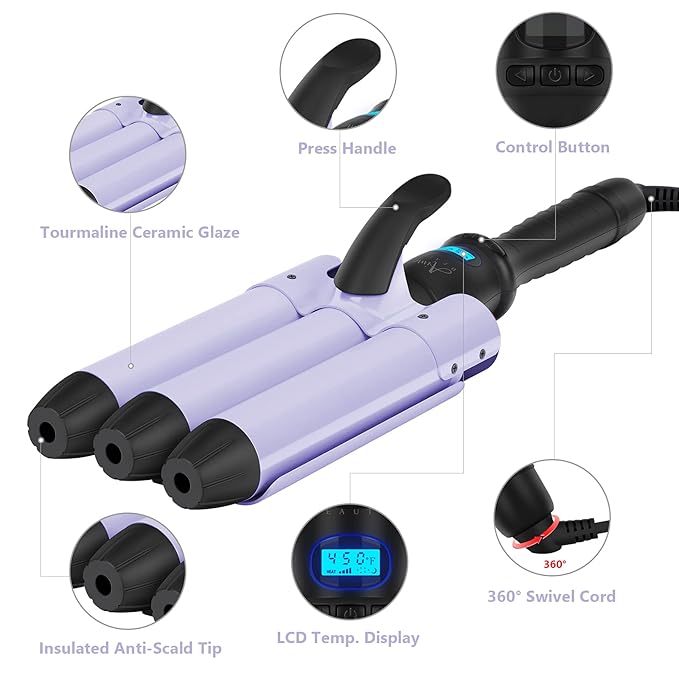 32mm Aima Beauty Big Wave Curling Iron Mermaid Hair Waver 3 Barrel Hair Crimper LCD Display Extra Long Barrel Multiple Temperature Negative Ionic Fast Heat Up (Purple)