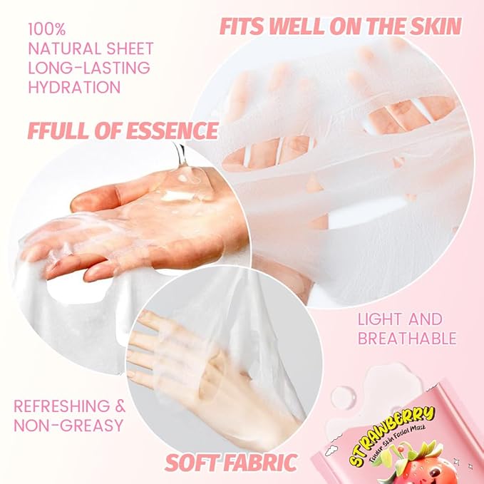 8 PCS Real Hydrating Nature Face Masks Skincare, Hyaluronic Acid, Vitamin C and E, Chamomile, Korean Beauty Essence Facial Paper Sheet Mask for Skin Care Moisturizing (Strawberry)
