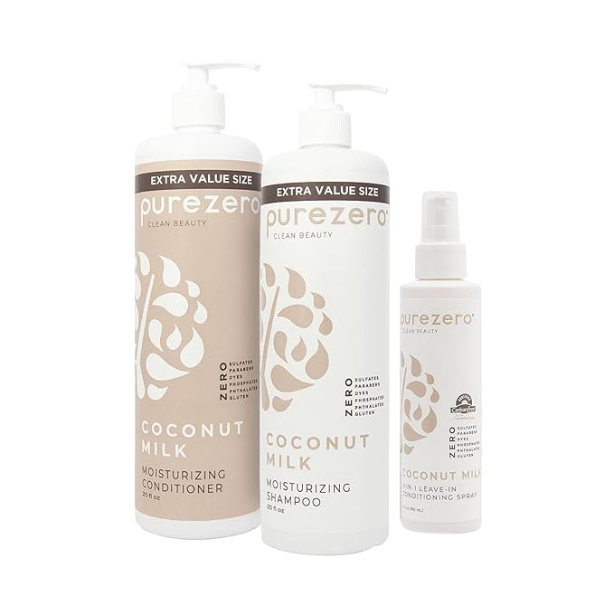 Purezero Coconut Milk BUNDLE [20 oz Shampoo + Conditioner + 9-in-1 Leave-in Conditioner] - Intense Hydration & Increased Shine