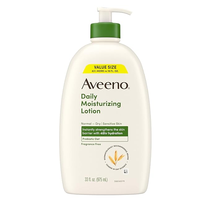 Aveeno Daily Moisturizing Body Lotion, Fragrance-Free Light & Creamy Lotion for Dry, Sensitive Skin With Prebiotic Oat Nourishes & Strengthens Skin's Moisture Barrier, Value Size, 33 fl oz