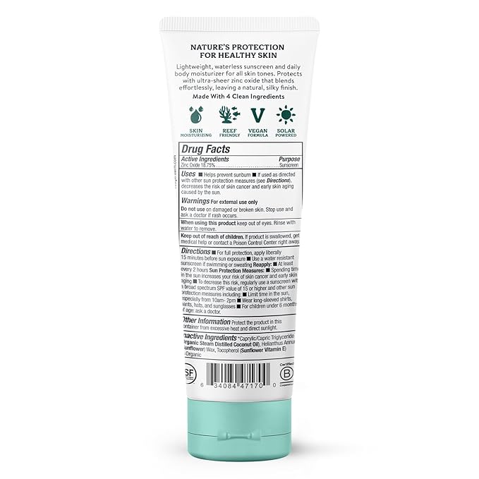Badger Mineral Daily Sunscreen with Zinc Oxide, SPF 30, Lightweight & Easy to Apply w/No White Cast, Moisturizing Organic Sunscreen, Reef Safe, Vegan, Unscented, 4 fl oz