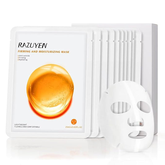 Firming and Moisturizing Sheet Face Masks (Pack of 10) with Hyaluronic Acid and Peptides, Reduce Fine Lines and Wrinkles, Hydrating & Anti-Aging Spa Face Mask, Facial Skin Care