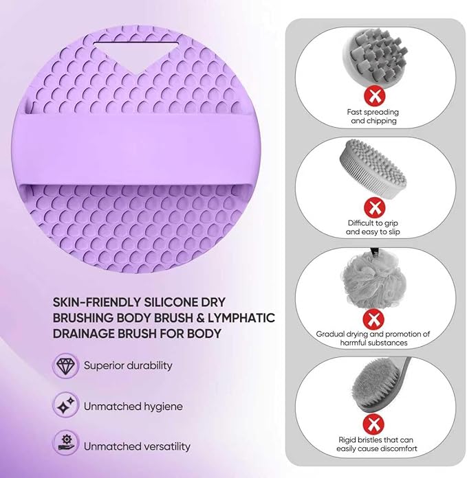 Silicone Body Scrubber - Anti Zinc Infused-Stiff and Soft Bristles,Exfoliating Body Wash Scrubber,Loofah Shower Scrubber for Body,Lymphatic Drainage,Blood Circulation and Lather Well - Purple