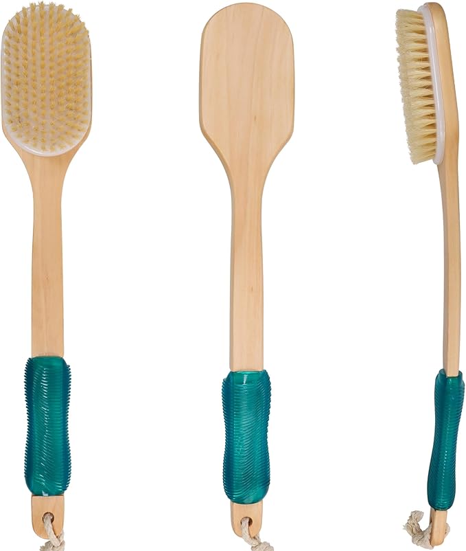 OWIIZI Back Scrubber for Shower Large Surface Body Scrub Brush Stiff Boar Bristles Wooden Curved Long Handle Antiskid Bath Brush for Wet or Dry Brushing