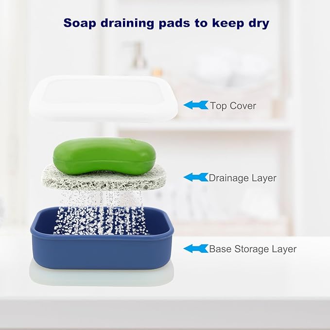 Leak Proof Travel Soap Case,Solid Shampoo Bar Holder, Silicone Soap Container with Draining Layer, Portable Bar Soap Holder for Bathroom, Camping, Gym, Easy to Clean (Blue, Large)
