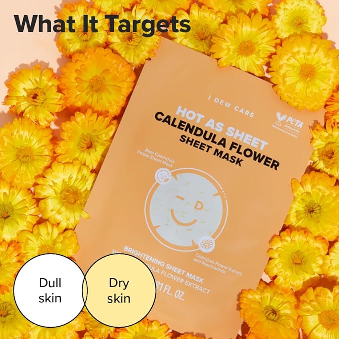 I DEW CARE Calendula Sheet Face Mask - Korean Skincare for Hydrating and Calming Skin | Face Masks with Calendula Extract & Niacinamide, Moisturizing, Sheet Masks for Women, Cute Stuff, 10EA