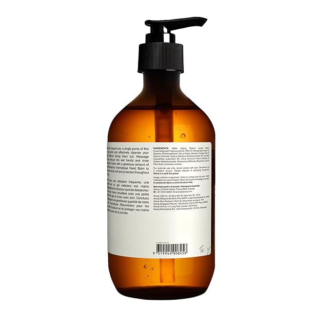 Aesop Resurrection Aromatique Hand Wash | Citrus, Woody, Herbaceous | Gentle Cleanser For Hydrated Skin | 500mL / 16.9 oz