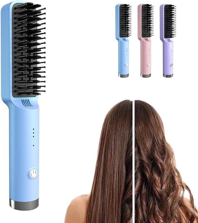 Cordless Hair Straightener Brush, Portable Mini Hair Straightening Comb with 3 Temperature Options, Fast Heating Travel Hair Straightener for Women (Blue)