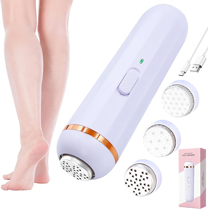 Wireless Electric Foot File - Callus Remover Tool for Feet, Rechargeable Pedicure Tool with 3 Replaceable Grinding Heads, Professional Adjustable Speed Foot Files for Dead Skin, Cracked Heels (White)