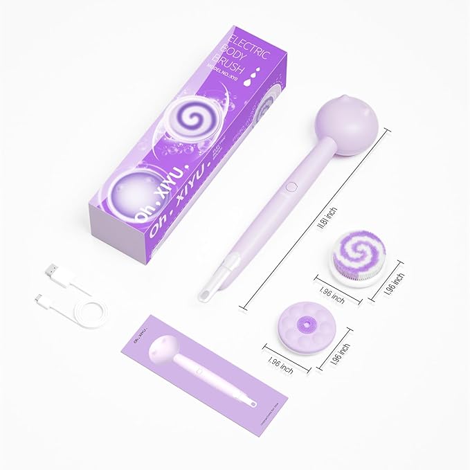 Electric Back Scrubber for Shower Body Brush, Waterproof Shower Body Scrubber for Cleansing, Massaging, Rechargeable Bath Brush for Kids & Adults with 2 Heads & 3 Speed Modes, Taro Purple XY0