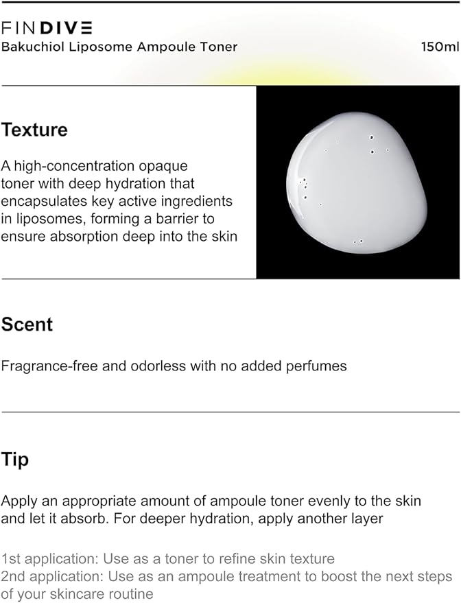 FINDIVE Official Bakuchiol Liposome Ampoule Toner, Bakuchiol, Plan-Based Retinal Alternative, Liposomal Squalane1%, Allantoin, Anti Wrinkle Toner, Korean Skincare 5.07fl.oz