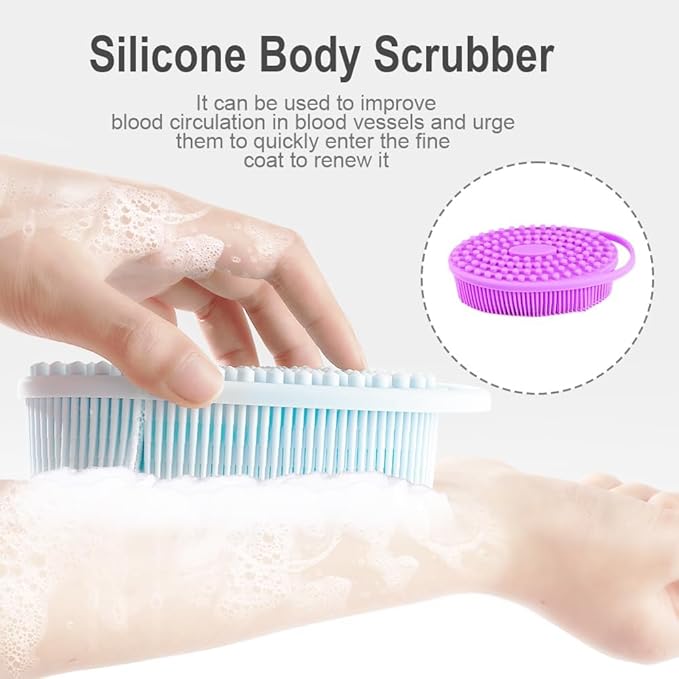 Soft Silicone Body Scrubber 3 PCS Silicone Body Shower, Silicone Loofah 2 in 4 Bath and Shampoo Brush, Body Scrubber Shower Cleaning Exfoliating Use for Sensitive Skin, Lather Well, Blue,Green,Purple