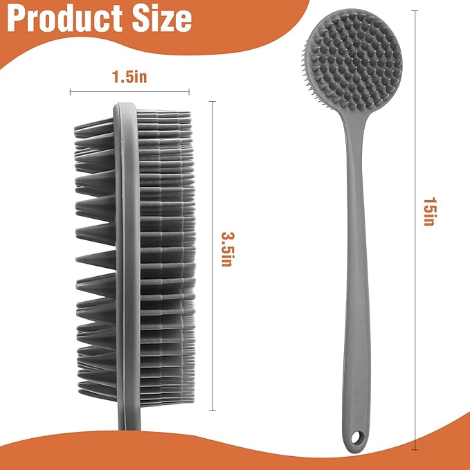 Silicone Body Scrubber for Shower Men Women – Dual-Sided Exfoliating & Massage Shower Brush with Long Handle, Creates Rich Lather, Includes 1 Hook & 2 Lather Balls (Gray).