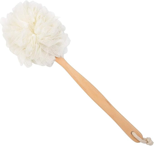 Loofah Back Scrubber for Shower, Wooden Long Handle Bath Sponge Lufa Shower Brush, Soft Nylon Mesh Back Cleaner Washer, Women & Men Exfoliating Luffa Pouf on a Stick for Body (White)