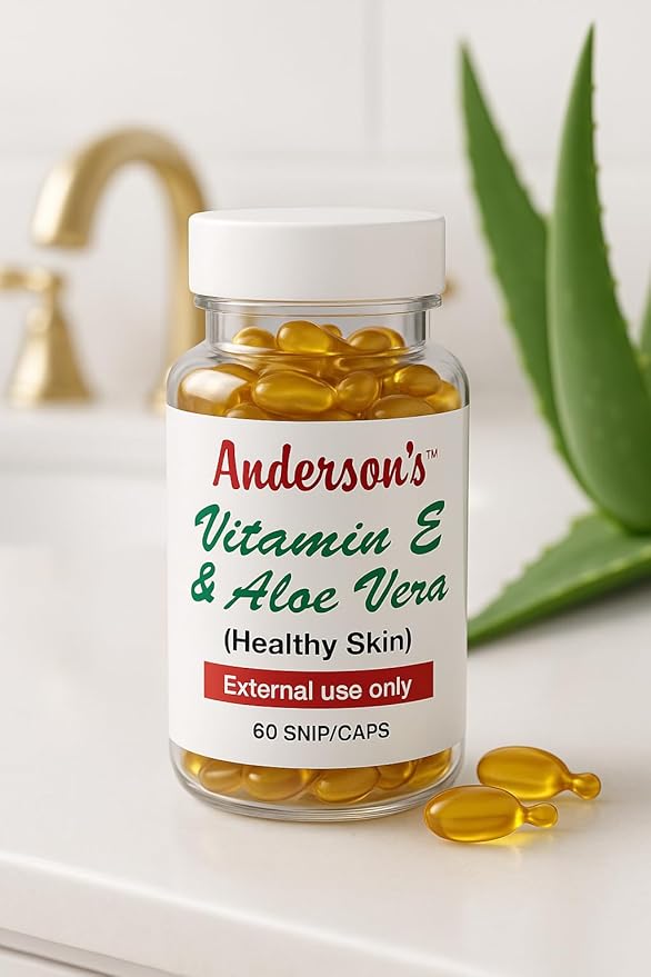 Anderson's Vitamin E & Aloe Vera Moisturizer Capsules – Anti-Aging Hydrating Cream for Face, Hands, & Body – Fast-Absorbing Lotion for Dry Skin, Fine Lines, & Dark Spots – 60 Travel-Friendly Capsules