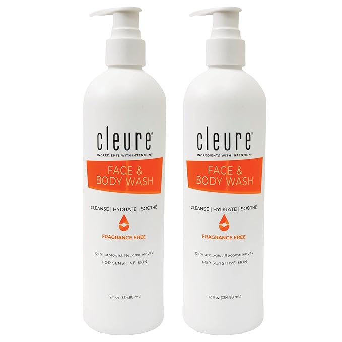 Cleure Face and Body Cleanser - Hypoallergenic, Fragrance-Free Body Wash for Sensitive Skin & Eczema - Paraben & Sulfate Free, PH Balanced Body Soap (12 oz, Pack of 2)