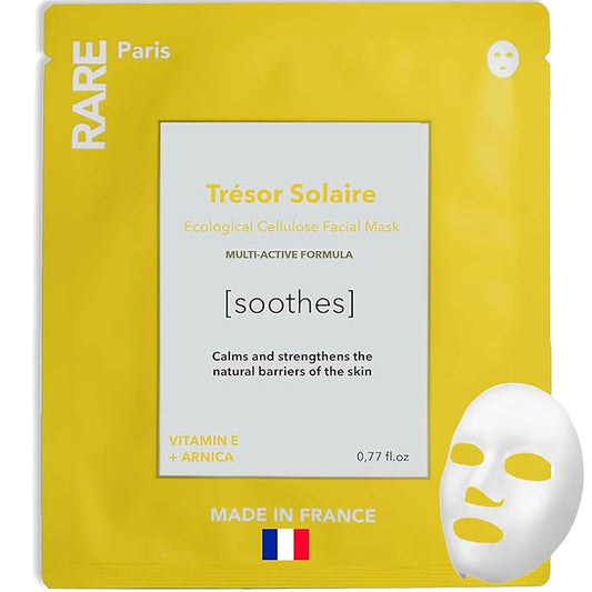 RARE Paris - Trésor Solaire - Soothing Facial Sheet Mask - Soothing & Strengthening - With Vitamin E & Arnica - Multi-Active Serum Formula - Brightening, Firming & Revitalizing - 1 Pack