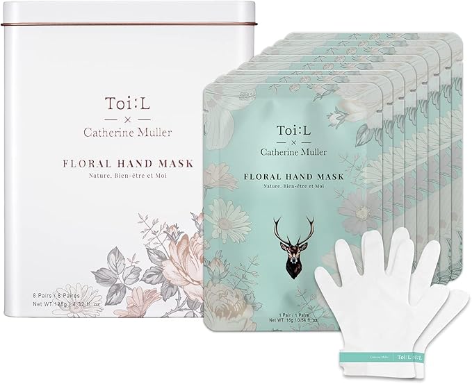 Catherine Muller Floral Hand Mask 8 Pairs, Moisturizing Gloves for Dry Hands with Elder Flower & CICA, Repairing and Nourishing Hand Care Treatment for Cracked, Rough, and Dry Skin, Stocking Stuffers