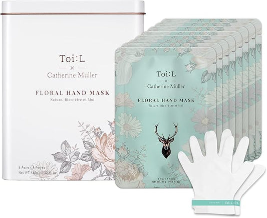 Catherine Muller Floral Hand Mask 8 Pairs, Moisturizing Gloves for Dry Hands with Elder Flower & CICA, Repairing and Nourishing Hand Care Treatment for Cracked, Rough, and Dry Skin, Stocking Stuffers