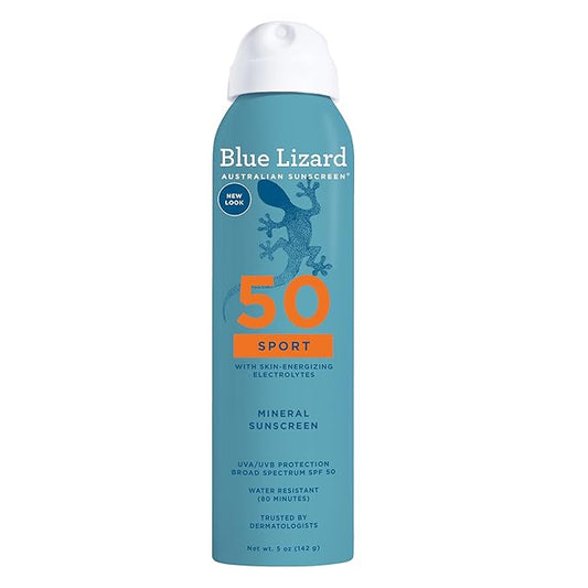 BLUE LIZARD Sport Mineral Sunscreen Spray SPF 50+, Dermatologist-Recommended Brand, Broad-Spectrum UVA/UVB Protection, Water-Resistant, Zinc Oxide Formula, Vegan, 5 fl oz