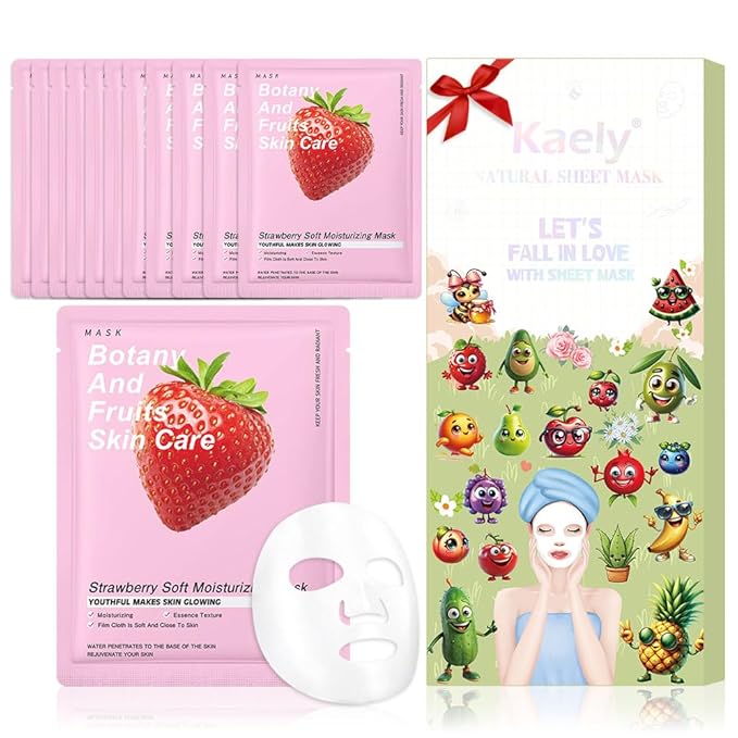 Kaely 12 Pack Strawberry Face Masks for Kids, Kids Face Mask Spa Day Kit Supplies, Spa Party Favors for Teens Girls Women, Sheet Facial Mask Skincare Gifts Set, Hydrating for All Skin Types, 08