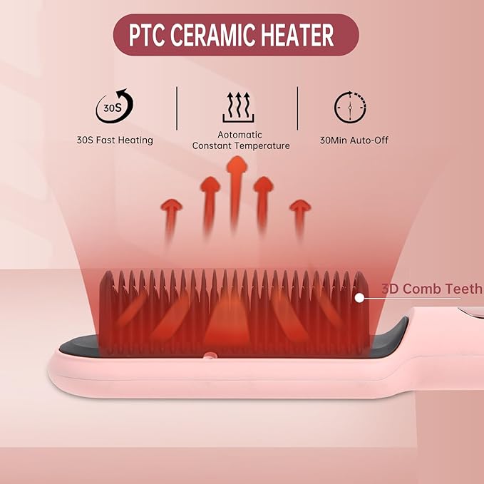 Negative Ionic Hair Straightener Brush with 9 Temp Settings, 30s Fast Heating Hair Straightening Comb with LED Display, Anti-Scald & Auto-Shut Off Hair Brush Straightener for Women (Pink)