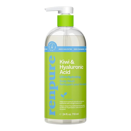 Renpure Kiwi and Hyaluronic Acid Ultra Hydrating Body Wash - Leaves Skin Moisturized - Rids Skin of Daily Grime - Gentle Formula - Dye and Paraben Free - Recyclable, Pump Bottle Design - 24 fl oz