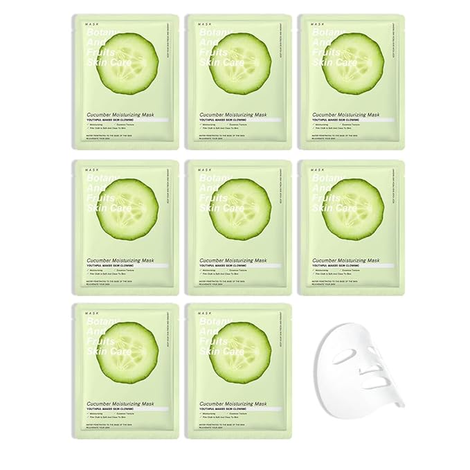8 Pack Cucumber Face Sheet Mask Skincare,Hydrating Face Mask For Sensitive Skin,Moisturize,Soothing,Nourish for All Skin Types,Natural Spa Party Facial Mask Skincare Set for Women Men Girls