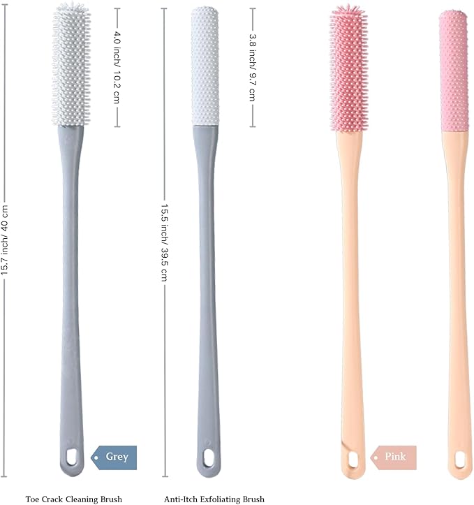 Toe Cleaning Brush with 15.7" Long Handle,Foot Scrubber in Shower,No Bending, Ideal for Seniors, Expecting Mothers, Men & Women | Foot Scrubber & Anti-Itch Exfoliating Brush (2 Pack) (Grey)