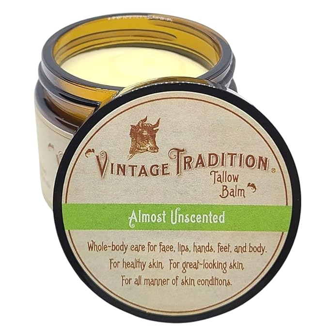 Vintage Tradition Beef Tallow All Purpose Balm - Healing, Hydrating Mild Scent Skin Care Salve Replaces Body Lotion, Hand Cream, More - Essential Oil, Olive Oil, and Grass-Fed Tallow, 2 fl. oz.