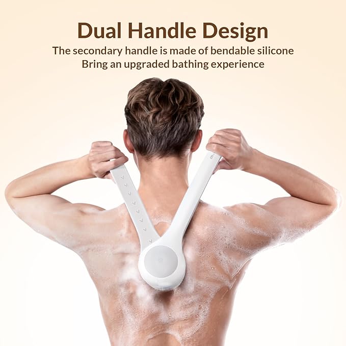 Electric Body Brush Back Scrubber for Shower, Waterproof Long Dual Handle Power Body Scrubber with 3 Heads, Rechargeable Bath Brush & 2 Speeds, for Cleansing, Exfoliating and Massaging Skin