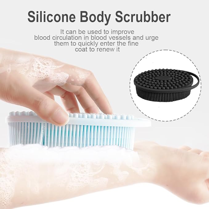 Silicone Body Scrubber, Exfoliating Silicone Body Shower, Silicone Loofah 2 in 1 Bath and Shampoo Brush, Body Scrubber Shower Cleaning Exfoliating for Sensitive Skin, Lather Well 2 PCS Black and Blue