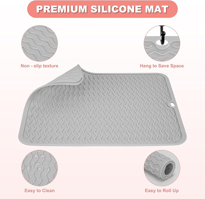 Oversize Silicone Heat Resistant Mat for Curling Irons, Hair Straighteners, Flat Irons and Hot Hair Styling Tools, Portable Wrap Pad Cover for Vanity, Travel, Salon(14.2" x 11.0")