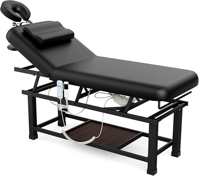 pouseayar Heavy Duty Electric Stationary Massage Table with Heating Function, Backrest Adjustable and Storage Space for Treatment/Medical Spa/Facial/Beauty/Massage Bed - 30 x 75 - Black