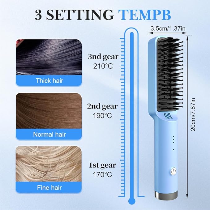 Cordless Hair Straightener Brush, Portable Mini Hair Straightening Comb with 3 Temperature Options, Fast Heating Travel Hair Straightener for Women (Blue)