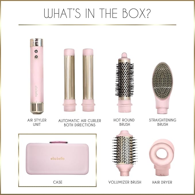 ELLA BELLA® 6 in 1 Professional Hot Air Styler • Powerful Hair Dryer & Straightener Set • Styling Without Heat Damage • Fast Drying Curling Volumizing Straightening • Protective Travel Case (Pink)