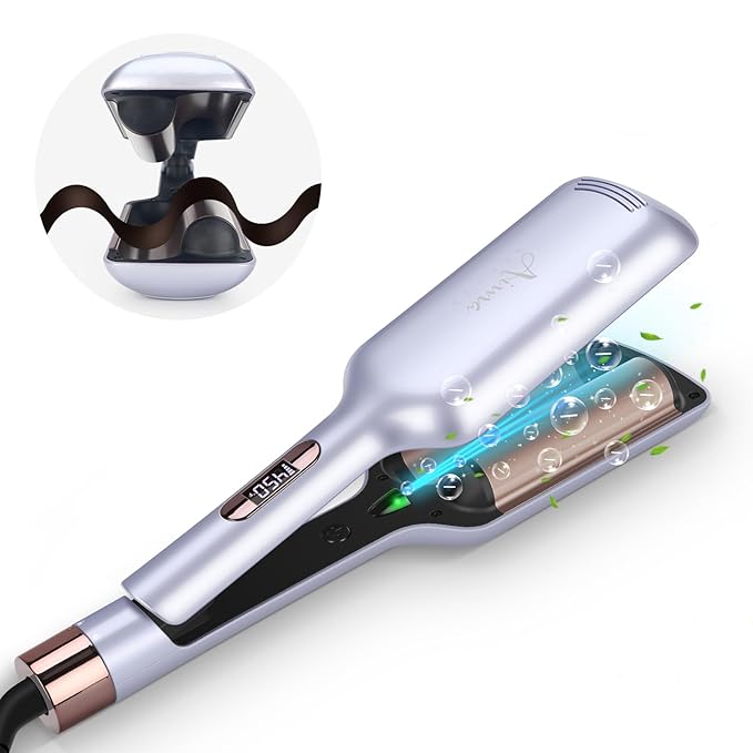 32mm Aima Beauty 2 Barrel Curling Wand Big Wave Mermaid Hair Waver, Anti-Scald Curling Iron, Negative Ionic Emitter Lock Moisture Worldwide Dual Voltage Medium/Long Hair (Purple)