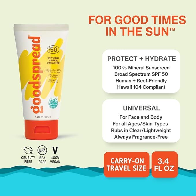 Goodspread Mineral Sunscreen SPF 50 – Reef-Safe, Non-Nano Zinc Oxide, Water-Resistant, Hawaii Compliant, Rubs in Clear, Face & Body, Adults & Kids