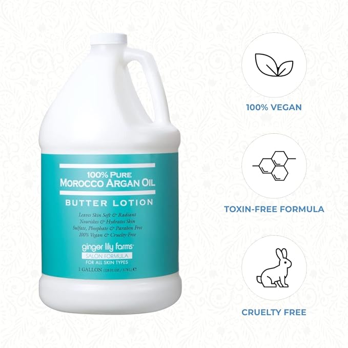 Ginger Lily Farms Salon Formula 100% Pure Morocco Argan Oil Butter Lotion for All Skin Types, 100% Vegan & Cruelty-Free, 1 Gallon (128 fl oz) Refill