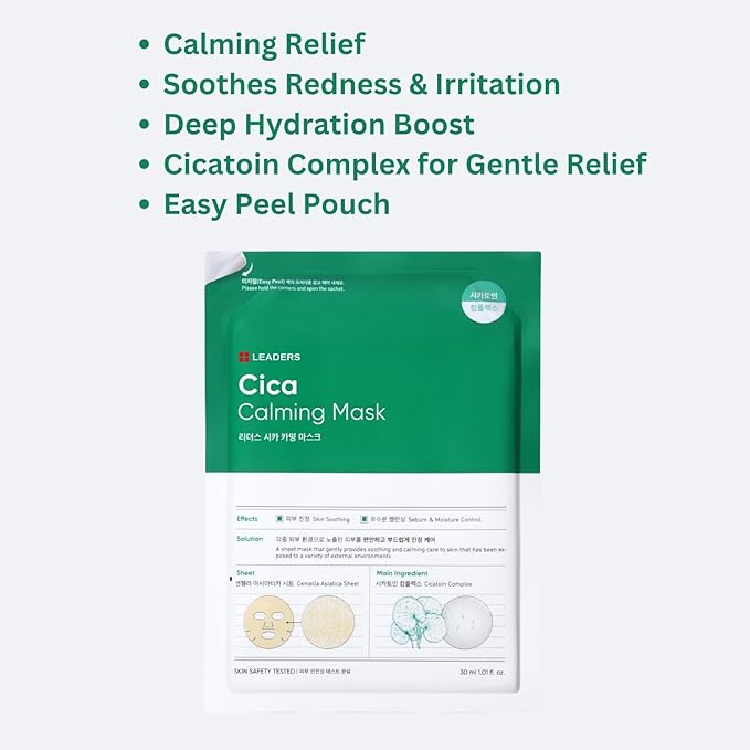 LEADERS Insolution Cica Calming Mask - Soothing Relief for Irritated & Sensitive Skin | Helps Reduces & Relieves Redness | Calming Care, Sebum & Moisture Control, Easy Peel Pouch - 10 Sheets