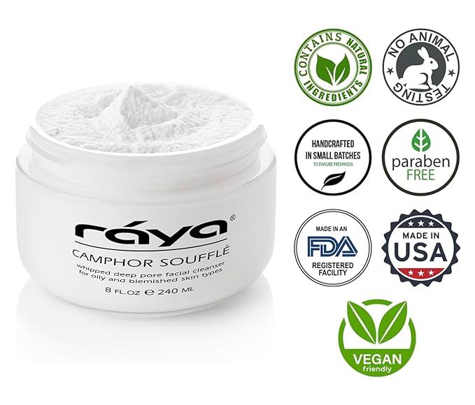 Raya Camphor Soufflé Facial Cleanser 8 oz (101) | pH Balanced Face Wash for Oily, Blemished, and Break-Out Skin | Helps Reduce White-Heads and Black-Heads and Clear Clogged Pores