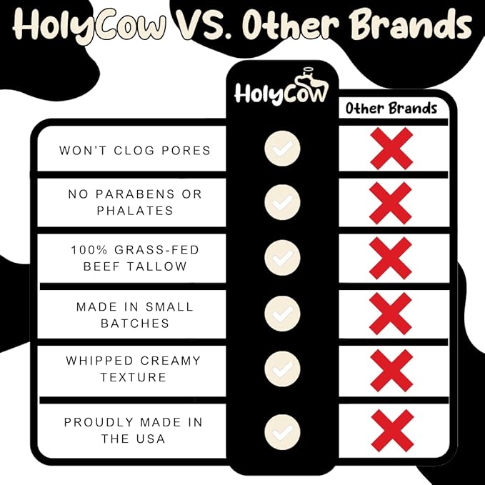 HolyCow Beef Tallow For Skin - Whipped Tallow Balm with Organic Jojoba Oil, Grass Fed Beef Tallow Face Moisturizer for Eczema, Baby, Lip Balm - Lotion For Extremely Dry Skin (Vanilla Bean)