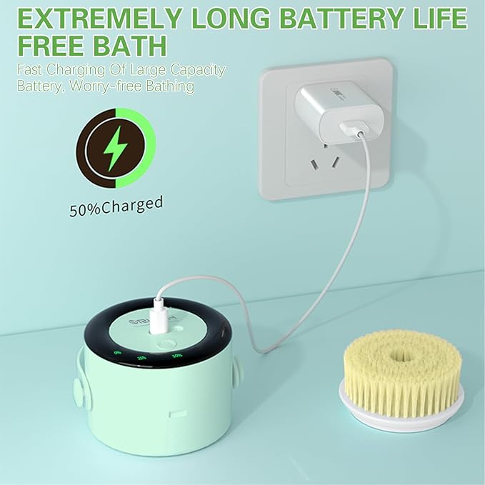 Electric Body Brush Back Scrubber, Waterproof Long-Handle 5-Head Electric Body Scrubber, Rechargeable Bath Brush and 3 Types of Speed Body scrubbe，for Cleaning Massaging and exfoliating (Green)